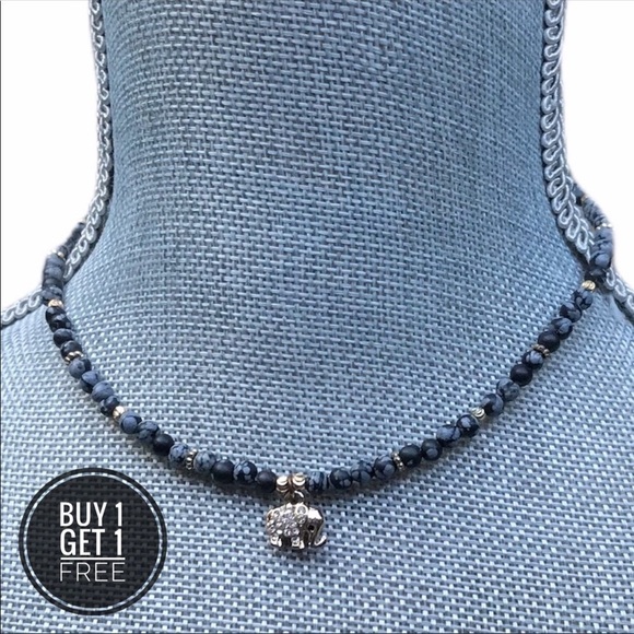 Blue/black Beads w/ Gold CZ Elephant Choker - Picture 1 of 16